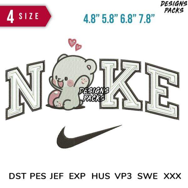 Cute bear embroidery design with 'NOKE' text and Nike swoosh, available in multiple sizes and formats