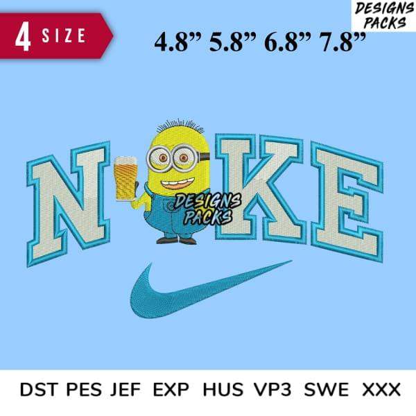 Minion holding beer with NOKE text and Nike swoosh, embroidery design in 4 sizes