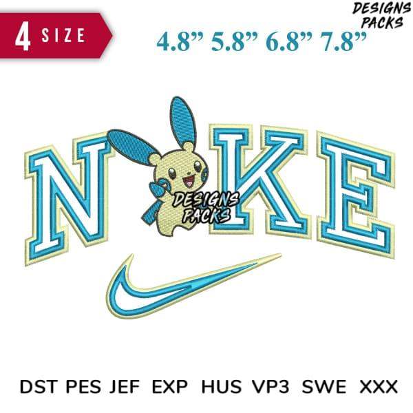 Embroidery design featuring Pikachu with 'NIKE' lettering and swoosh, available in 4 sizes, DST PES JEF formats