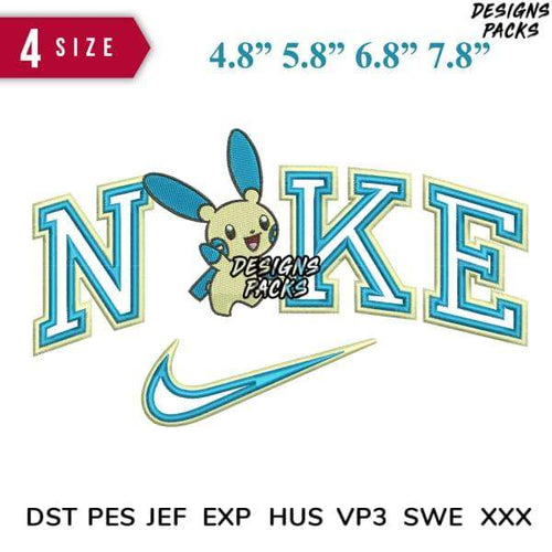 Embroidery design featuring Pikachu with 'NIKE' lettering and swoosh, available in 4 sizes, DST PES JEF formats