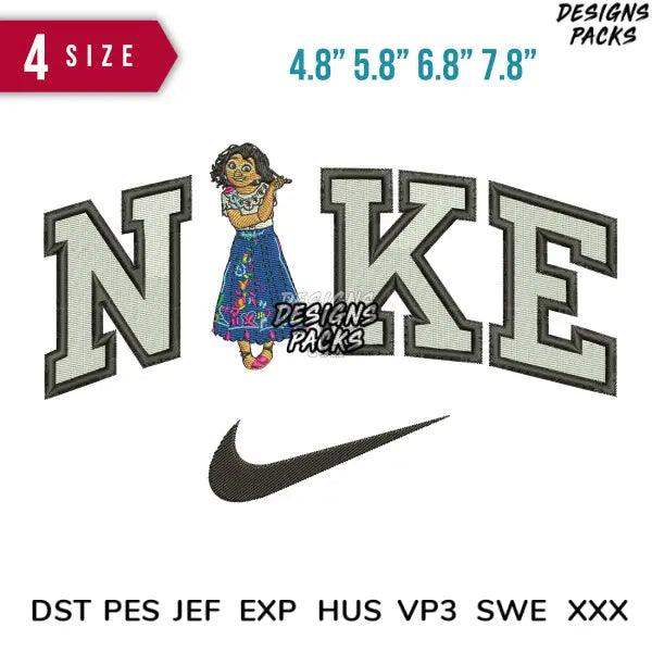 Embroidery design featuring Moana character with 'NIKE' lettering and swoosh, available in multiple sizes and formats