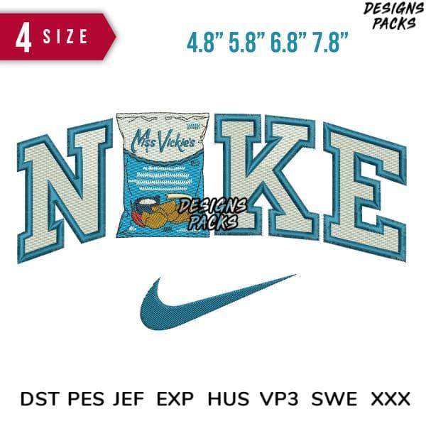 Embroidery design featuring 'NIKE' with snack bag, 4 sizes, DST PES JEF formats for instant download