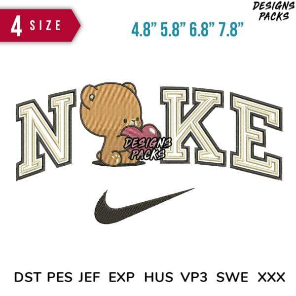 Cute bear holding heart with 'NOKE' text and Nike swoosh, embroidery design in 4 sizes, DST PES JEF formats