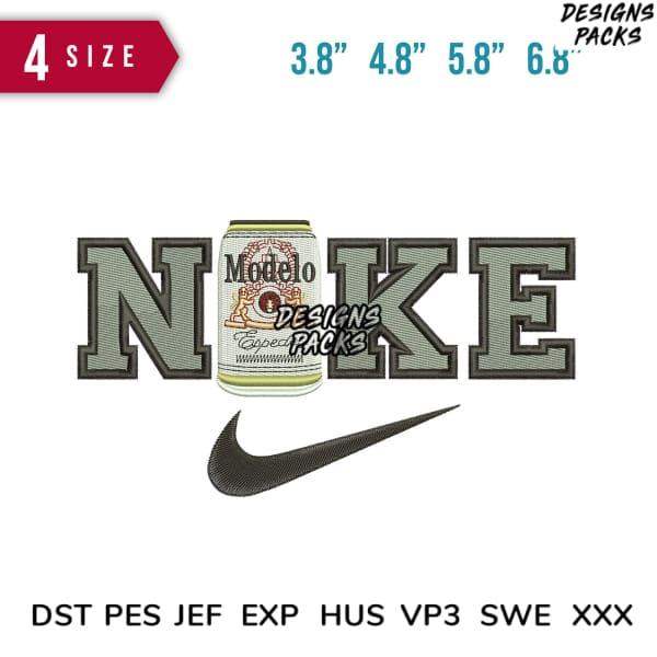 Embroidery design featuring Modelo beer can with Nike-style lettering, available in PES, DST, EXP formats