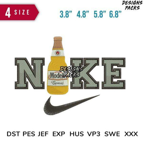 Embroidery design featuring beer bottle with 'NOKE' text and Nike swoosh, available in multiple sizes and formats