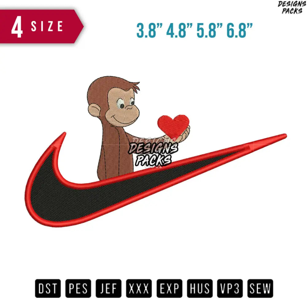 Swoosh Monkey Curious George Embroidery Design