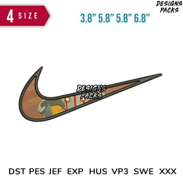 Embroidery design of Nike swoosh with colorful pattern, available in multiple sizes and file formats for instant download.