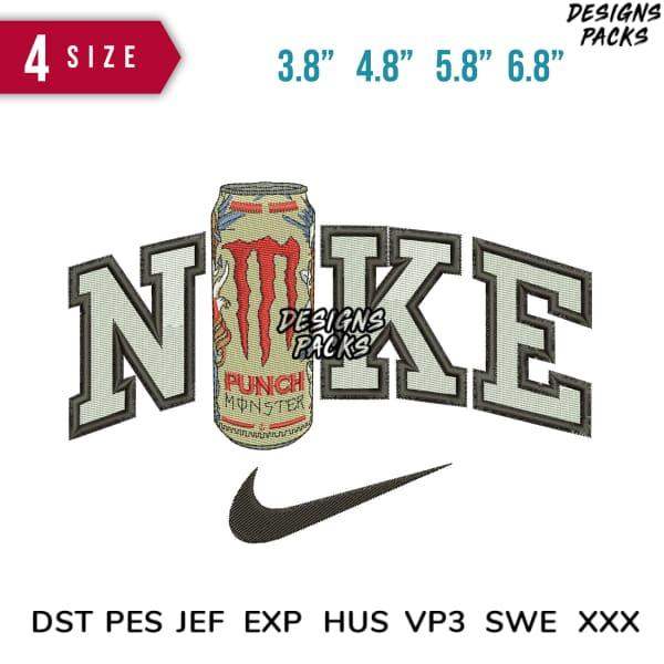 Embroidery design featuring Monster Energy can with Nike logo, available in multiple sizes and formats