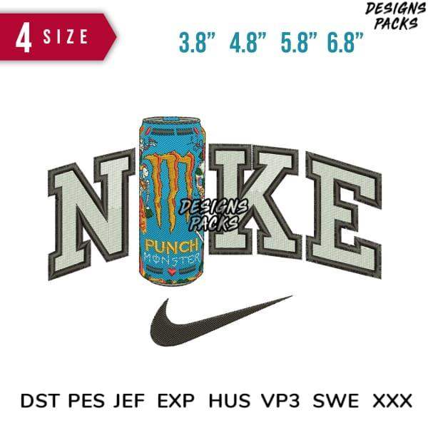 Nike Monster Energy Punch embroidery design in 4 sizes, compatible with DST PES JEF formats for instant download.