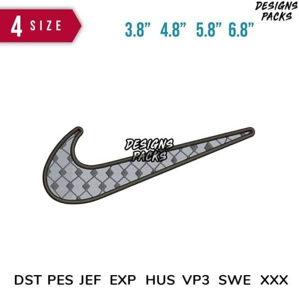 Embroidery design of Nike swoosh with diamond pattern, available in 4 sizes and multiple file formats