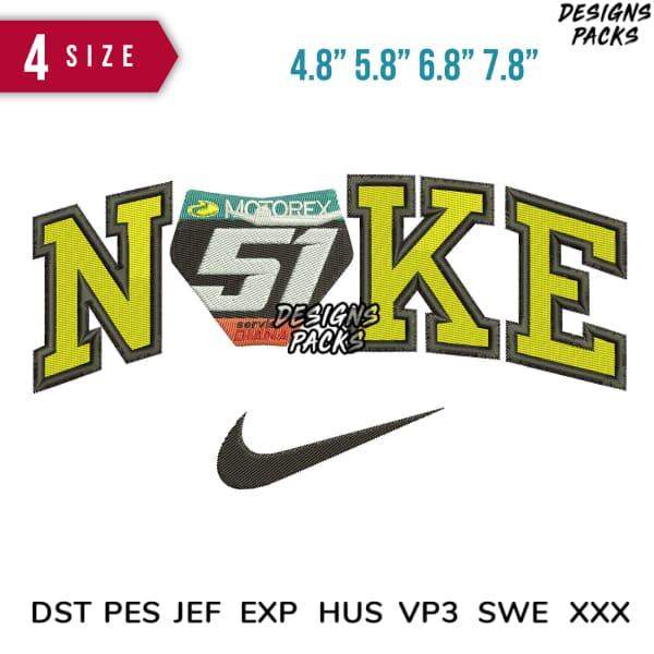 Embroidery design with 'NOKE' text, Nike swoosh, and Motorex 51 logo in 4 sizes, compatible with DST PES JEF formats
