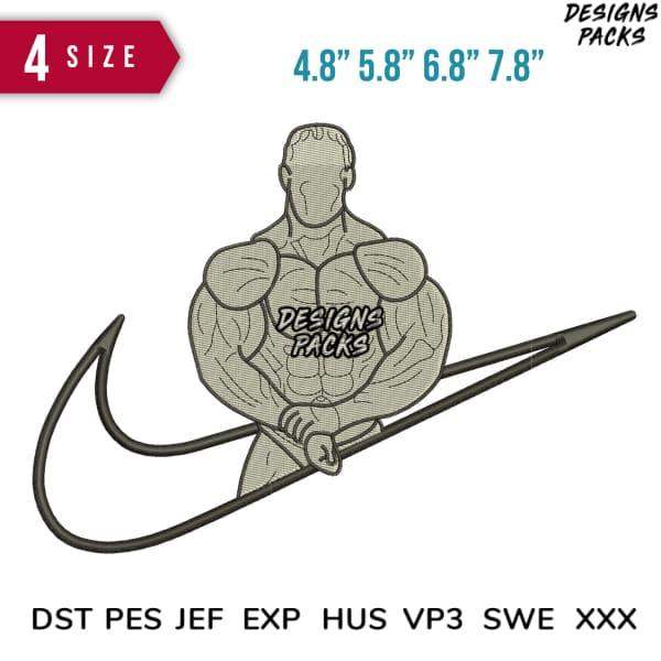 Muscular figure holding fishing hook, embroidery design in DST PES formats, 4 sizes available