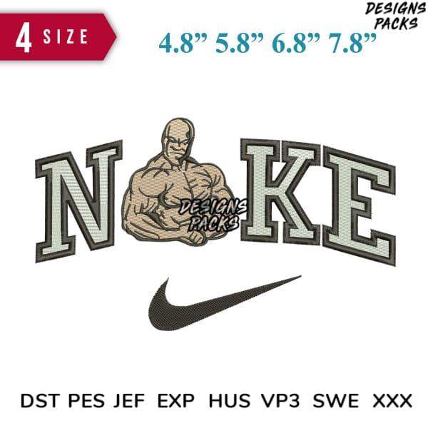 Embroidery design featuring muscular figure with 'NOKE' text and swoosh, available in 4 sizes, DST PES formats