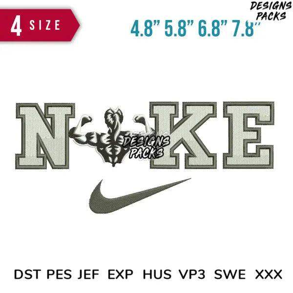 Embroidery design with muscular figure and 'NOKE' text, available in multiple sizes and formats