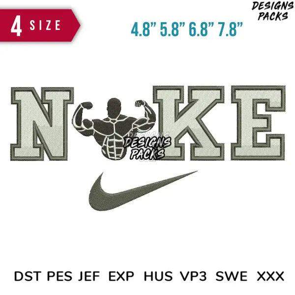Embroidery design with 'NOKE' text, muscular figure, and swoosh logo in 4 sizes, compatible with DST PES JEF formats