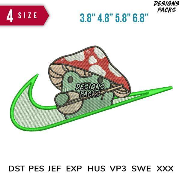 Cute mushroom character embroidery design with green swoosh, available in PES, DST, JEF formats for instant download.