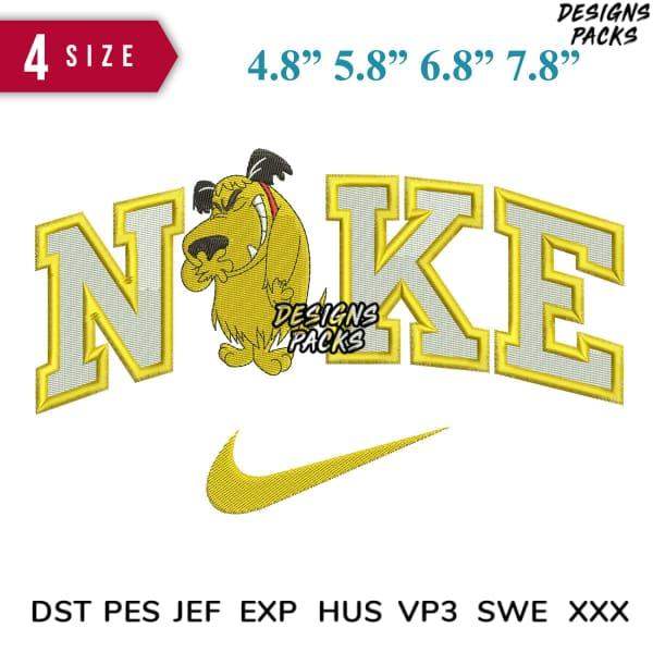 Embroidery design with cartoon dog and 'NIKE' lettering in gold, available in multiple sizes and formats