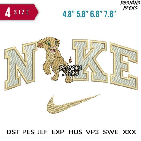 Embroidery design featuring lion cub with Nike-style lettering and swoosh, 4 sizes, DST PES JEF formats