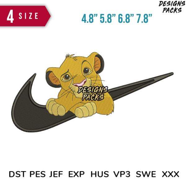 Simba lion cub embroidery design on Nike swoosh, 4 sizes, DST PES JEF formats