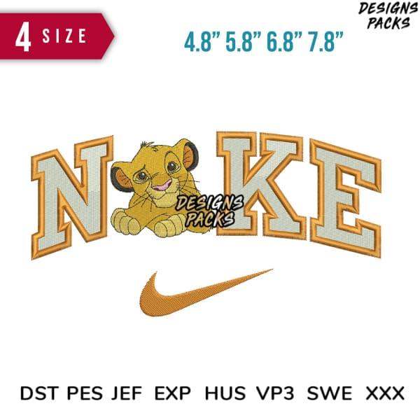 Simba lion embroidery design with Nike-style lettering, 4 sizes, DST PES JEF formats for machine embroidery