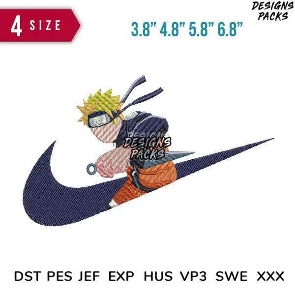 Naruto character embroidery design with Nike swoosh, available in 4 sizes and multiple file formats
