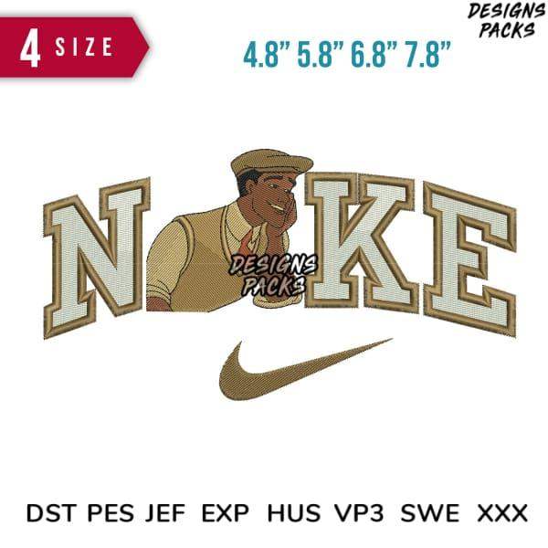 Embroidery design featuring 'NIKE' text with a character, available in multiple sizes and formats.
