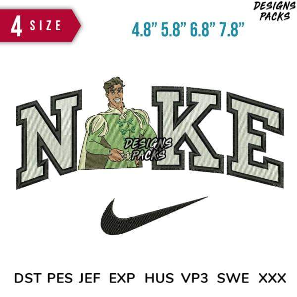 Embroidery design featuring 'NIKE' text with a character, available in multiple sizes and formats.