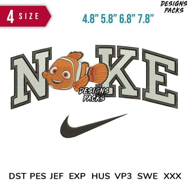 Embroidery design featuring clownfish in 'NIKE' lettering with swoosh, available in PES, DST, JEF formats