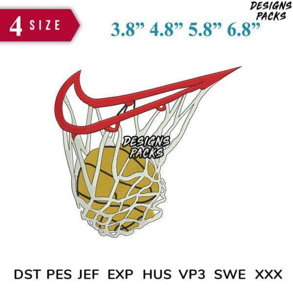 Basketball hoop embroidery design with ball in net, available in 4 sizes and multiple file formats