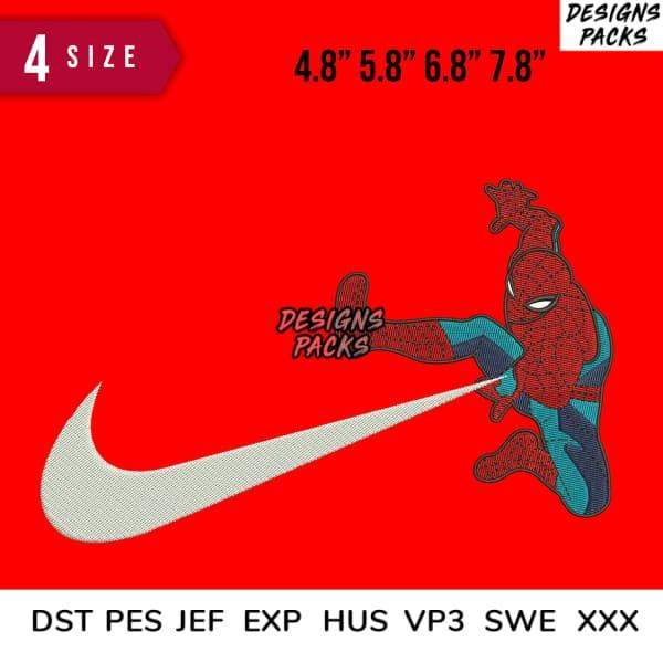 Spider-Man kicking Nike swoosh embroidery design in 4 sizes, DST PES JEF formats