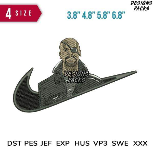 Embroidery design of eye-patched character in Nike swoosh, 4 sizes, DST PES JEF formats