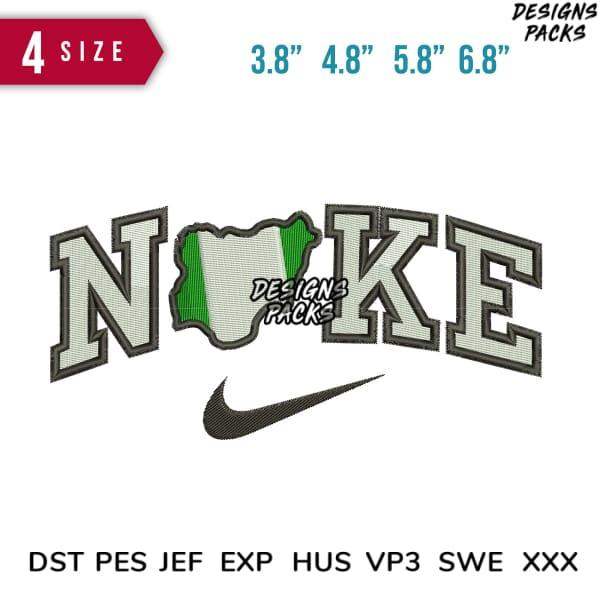 Embroidery design featuring 'NOKE' with Nigeria map, Nike swoosh, available in PES, DST, EXP formats