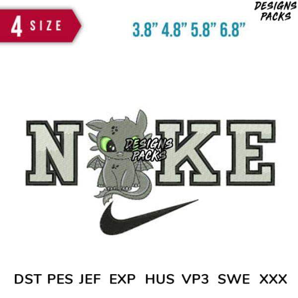 Cute dragon embroidery design with 'NIKE' lettering, available in 4 sizes & multiple formats for instant download.