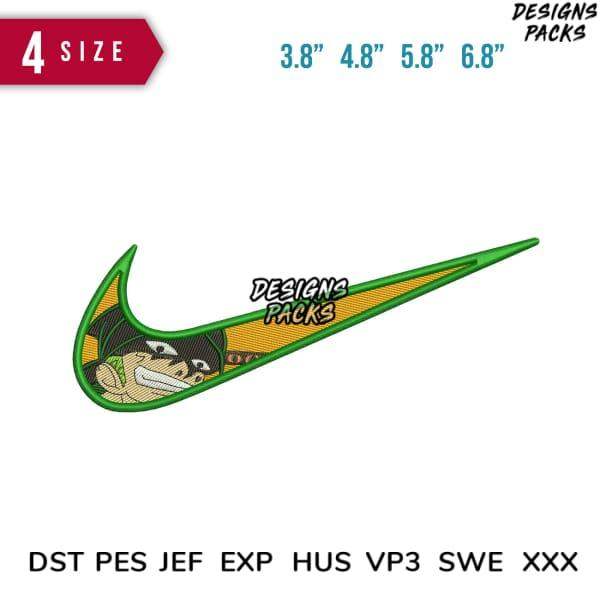 Embroidery design featuring a cartoon character in a green swoosh, available in multiple sizes and formats.