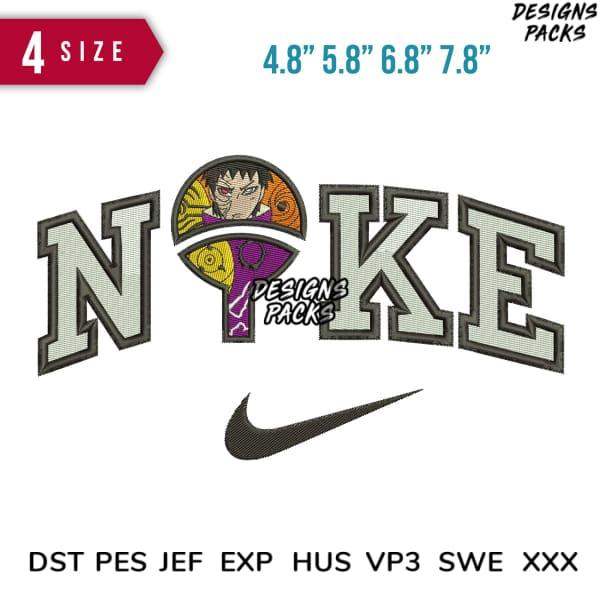 Embroidery design featuring 'NOKE' with anime character, Nike swoosh, 4 sizes, PES DST formats