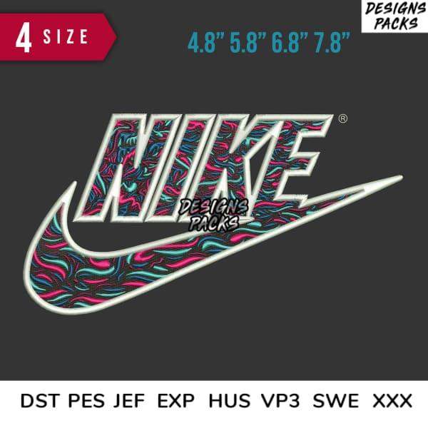 Vibrant Nike Swoosh design in pink and teal, available in multiple sizes and embroidery formats.
