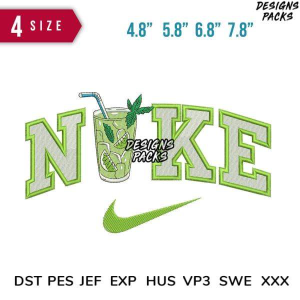 Embroidery design featuring 'NIKE' text with mint drink, available in multiple sizes and formats