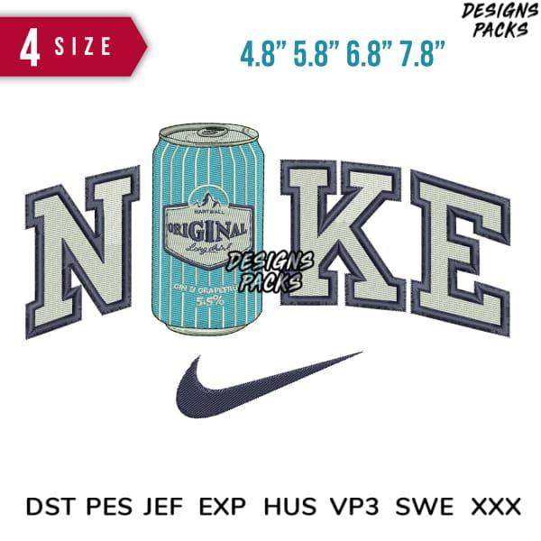 Embroidery design featuring 'NIKE' lettering with soda can, available in PES, DST, EXP formats for instant download