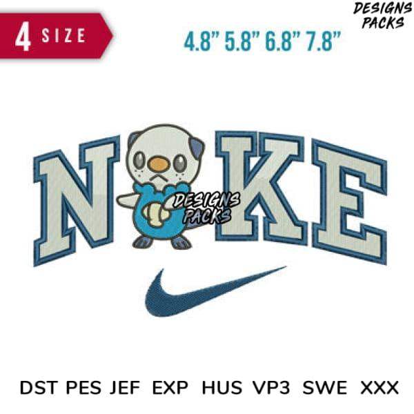 Embroidery design featuring cartoon otter with 'NOKE' text and Nike swoosh, available in multiple sizes and formats