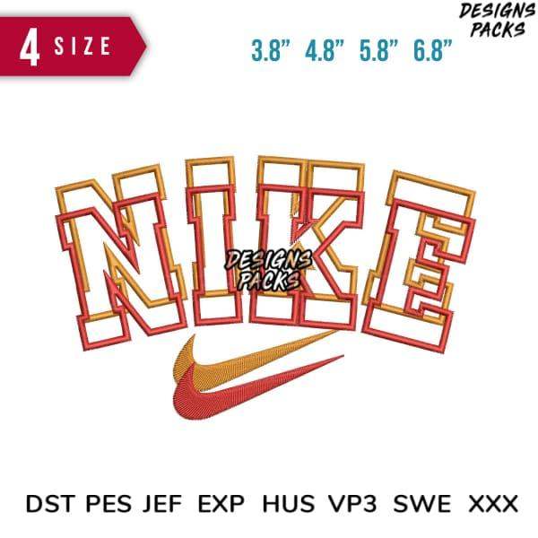Nike logo embroidery design in red and gold, available in 4 sizes, DST PES JEF formats