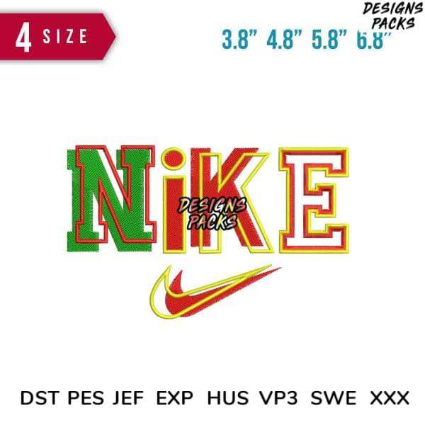 Nike-style embroidery design in green, red, yellow; 4 sizes, PES/DST formats for DTG/DTF printing