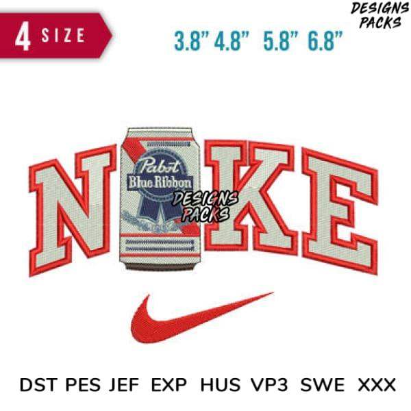 Embroidery design featuring Pabst Blue Ribbon can with 'NIKE' text and swoosh, available in multiple sizes and formats