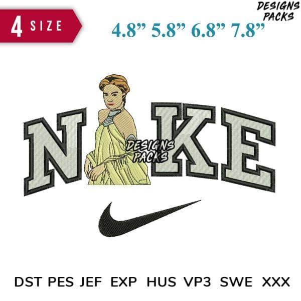 Nike-inspired embroidery design with goddess figure, 4 sizes, DST PES JEF formats for DTG/DTF printing