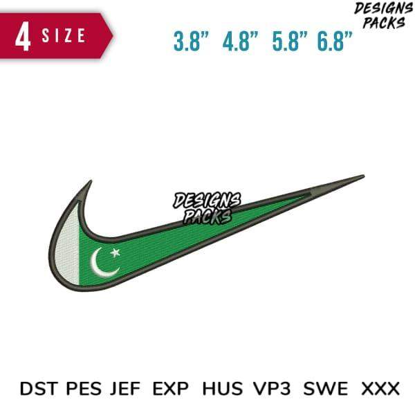 Embroidery design featuring Pakistan flag in Nike swoosh shape, available in multiple sizes and file formats.