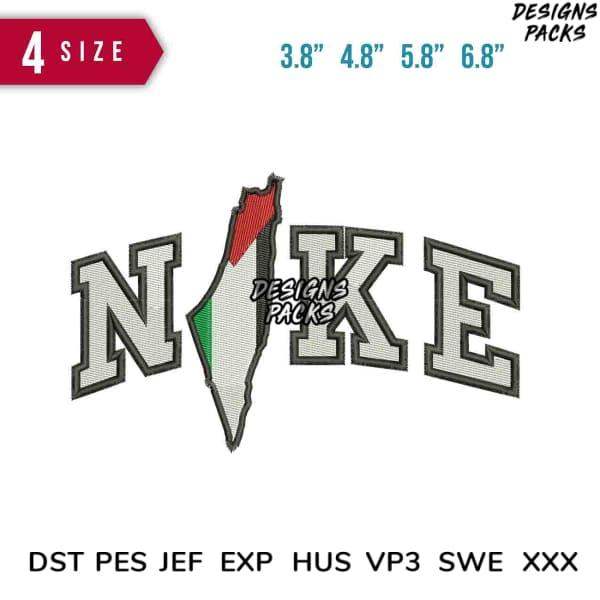 Embroidery design with 'NIKE' text and Palestine flag map, available in PES, DST, EXP formats, 4 sizes