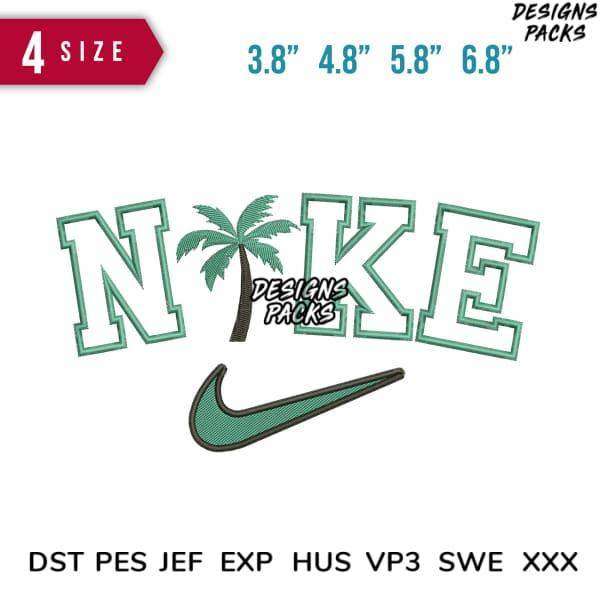 Embroidery design with 'NOKE' text, palm tree, and swoosh in green, available in multiple sizes and formats