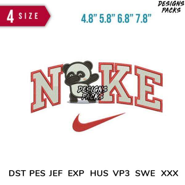 Cute panda embroidery design with 'NOKE' text and Nike swoosh, available in multiple sizes and formats
