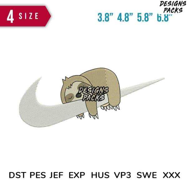 Cute sloth embroidery design on swoosh, 4 sizes, PES DST JEF formats for instant download