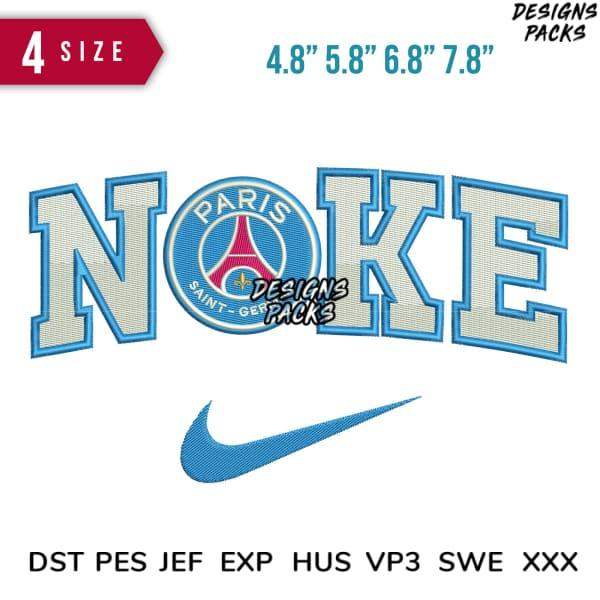 Embroidery design with NOKE text, PSG logo, and Nike swoosh in 4 sizes, compatible with DST PES JEF formats