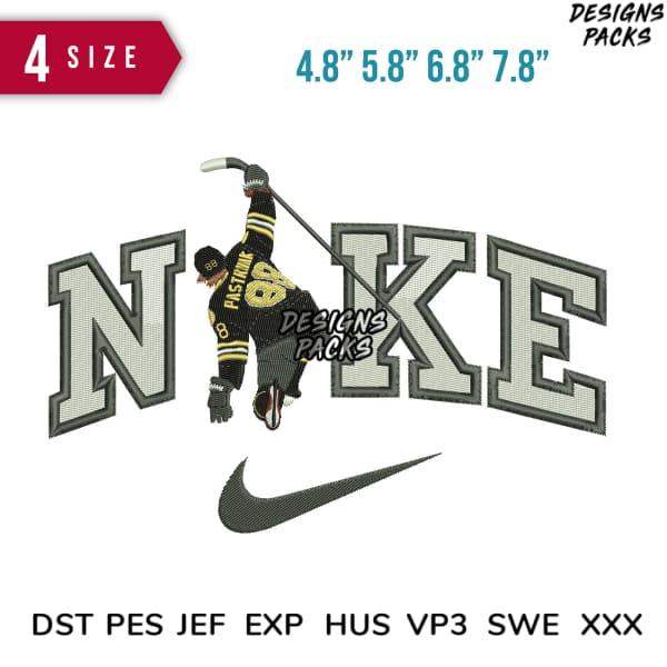 Hockey player embroidery design with Nike logo, available in multiple sizes and formats